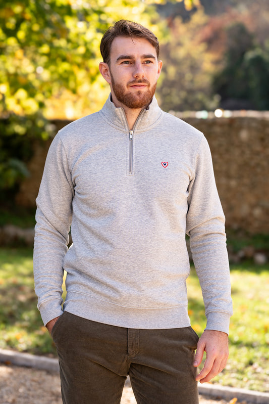 Sweat col zip gris chiné