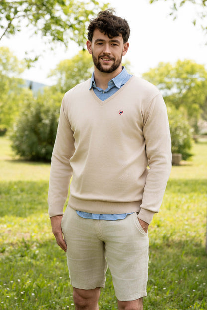 Pull col V beige