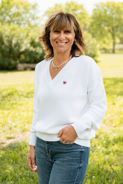 Pull col V blanc